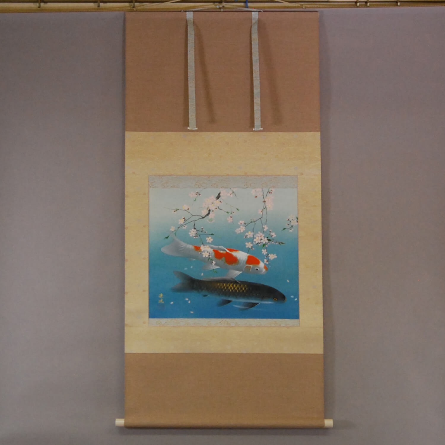 Kakejiku Hanging Scroll: Koi Fish (Carp): Cherry Blossoms / Shukou Okamoto