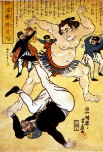 Yokohama-e / Artist: Yoshifuji Utagawa / Title: Sumo Wrestler Throwing a Foreigner at Yokohama