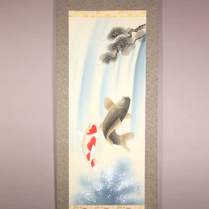Koi Fish (Carp) Shooting up a Waterfall kakejiku hanging scroll painting