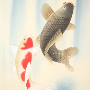 Koi Fish (Carp) Shooting up a Waterfall kakejiku hanging scroll painting