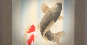 Koi Fish (Carp) Shooting up a Waterfall kakejiku hanging scroll painting