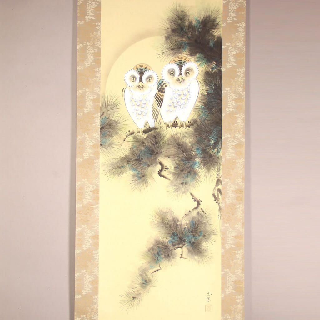 owls painting kakejiku hanging scroll