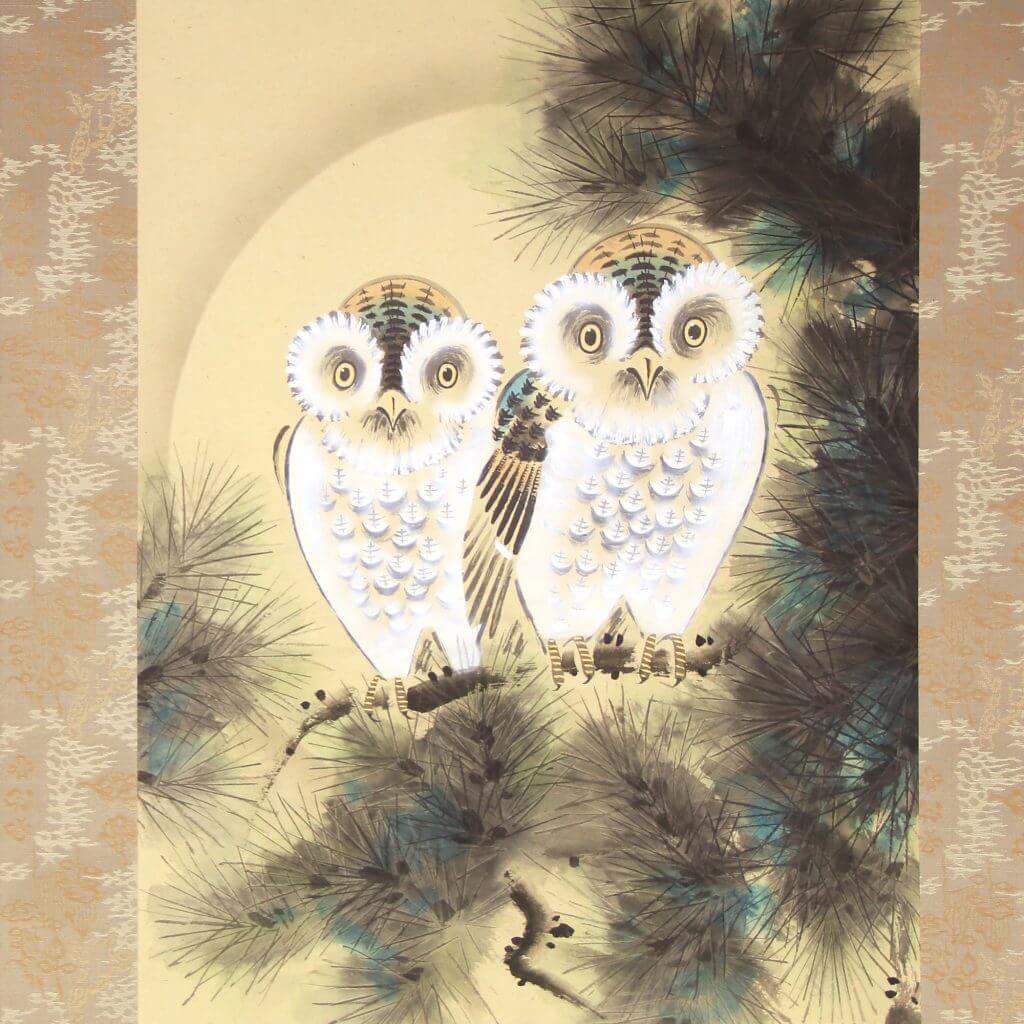 owls painting kakejiku hanging scroll
