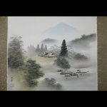 Colored landscape painting kakejiku hanging scroll