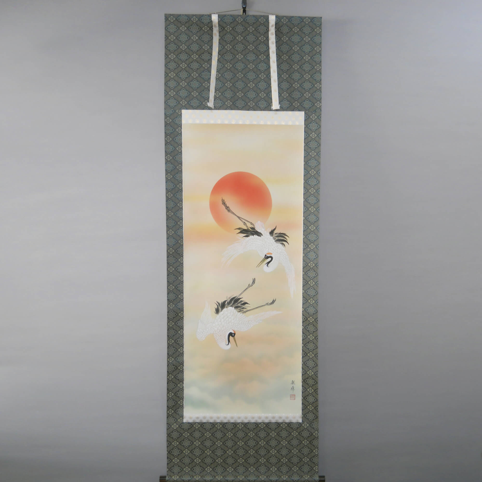 Kakejiku Hanging Scroll: Couple of Cranes with the Rising Sun / Kawamura Kanpō