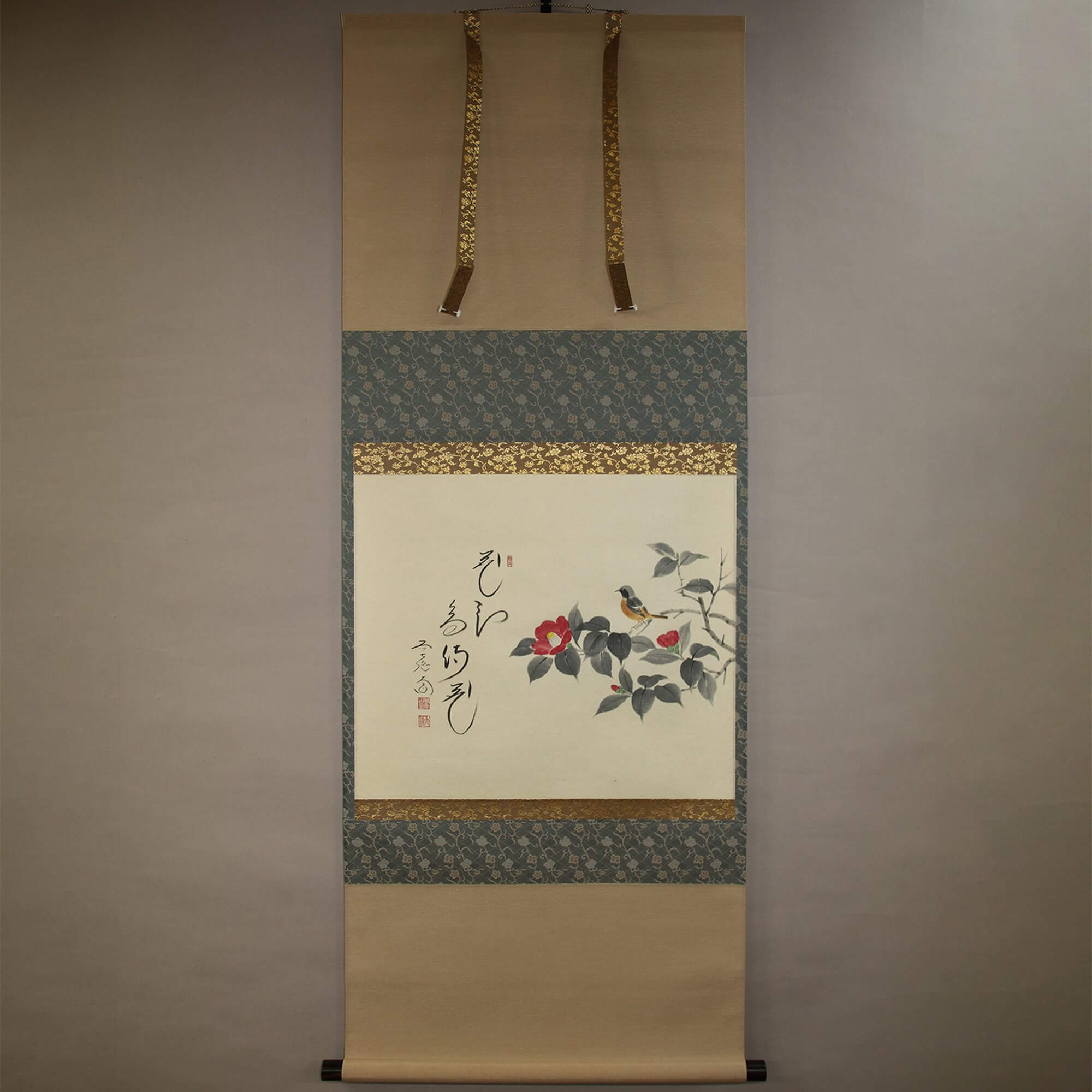 Calligraphy: Flower Sees Bird, Bird Waits for Flower. | Daurian Redstart with Camellia Flowers/ Nishigaki Daidō